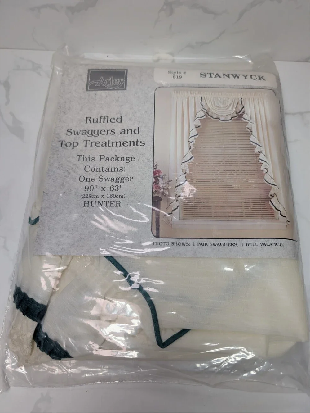 Vintage Arley Ruffled Swagger Curtain Cream Hunter Green 90x63 Cottage Decor NOS